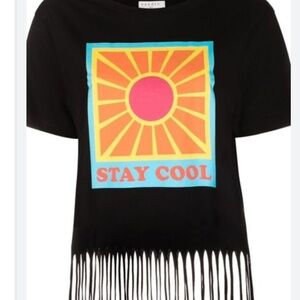 SANDRO PARIS “STAY COOL” black Fringe t-shirt w/ sunshine logo XS *Like new/MINT